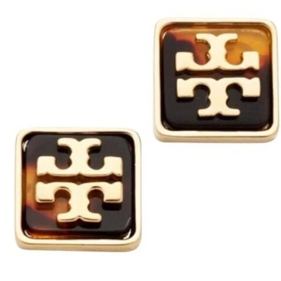 BEAUTIFUL NEW Tory Burch Gold Logo on Tortoise Resin Backed square earrings - Picture 1 of 3